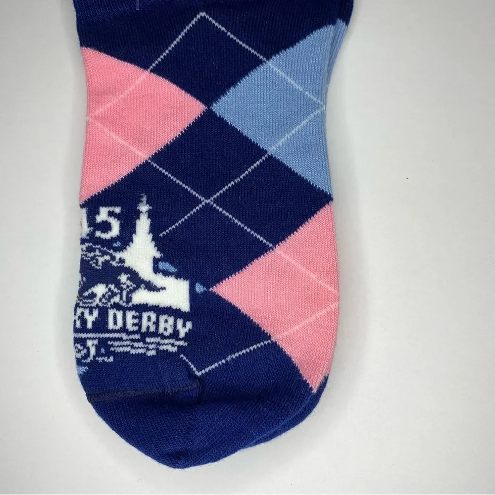 For Bare Feet Socks Kentucky Derby 145 6-11 White Pink Dot Band Blue Pink Argyle